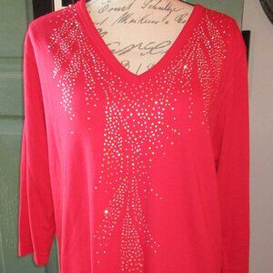 Unbranded Solid Red Sweater w/Rhinestone Embellishments Made in USA  Sz. L